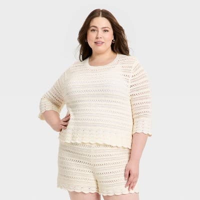 Women's Quarter Sleeve Openwork Crewneck Pullover Sweater - Universal Thread™ Cream 2X