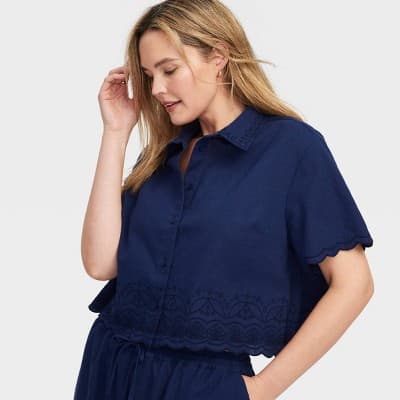 Women's Short Sleeve Scalloped Hem Shirt Navy Blue - Roller Rabbit x Target S