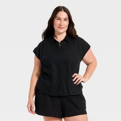 Women's Button-Up Linen Shirt - A New Day™ Black 1X