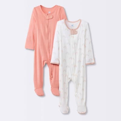 Baby Girls' 2pk Rainbow So Very Soft Modal Blend Sleep N' Play - Cloud Island™ Pink 3-6M: Footed Pajamas, Long Sleeve, Mitten Cuff