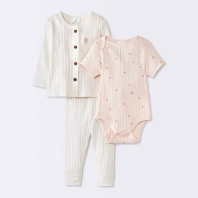 Baby Girls' 3pc Floral Top and Pants Set - Cloud Island™ Cream/Pink 24M