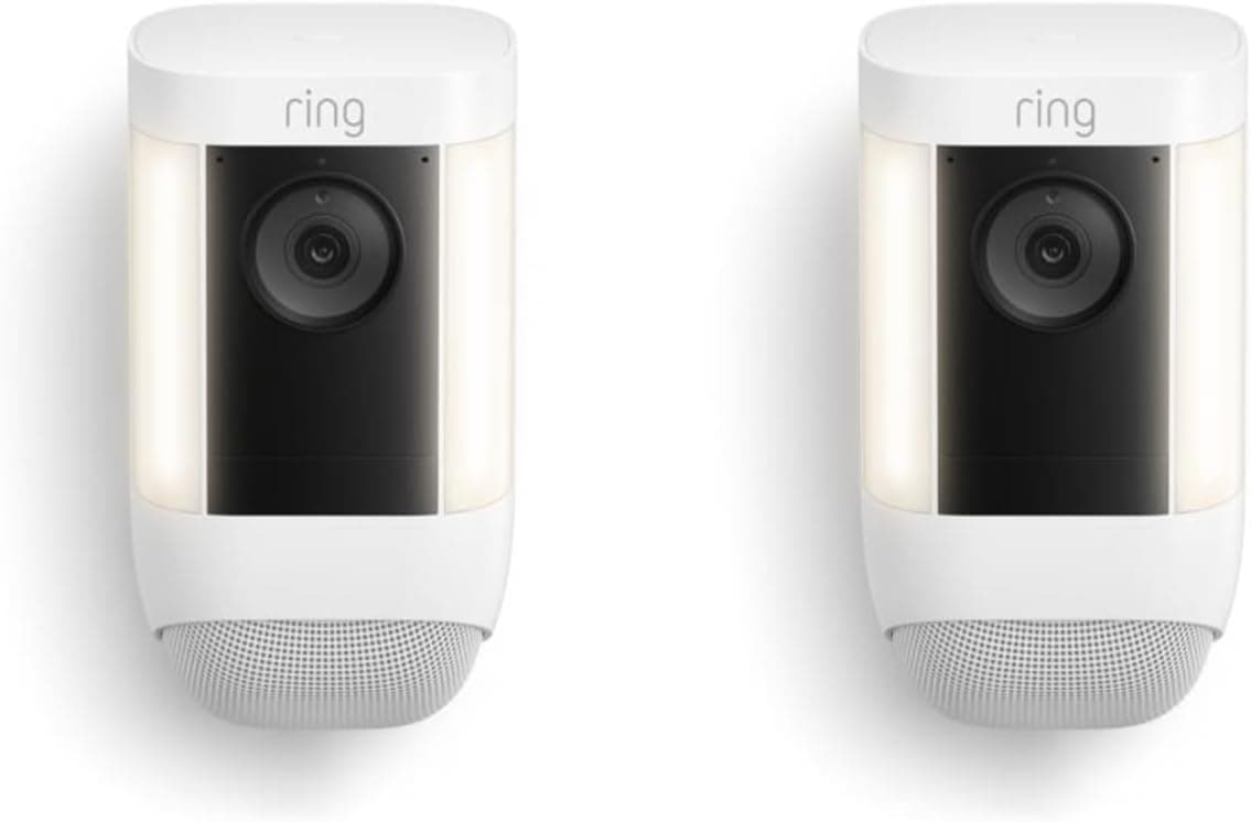 Ring Spotlight Cam Pro, Battery, Home or business security, Retinal 2K Video, Color Night Vision and Two-Way Talk with Audio+, 2-pack, White