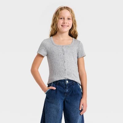 Girls' Button Ribbed T-Shirt - Cat & Jack™ Gray M