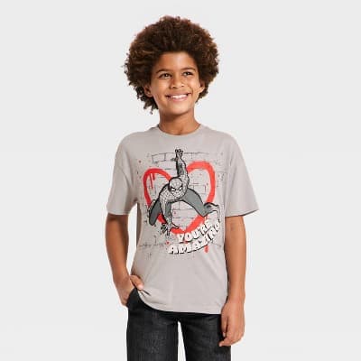 Boys' Spider-Man 'You're Amazing' Valentine's Day Short Sleeve Graphic T-Shirt - Gray XXL