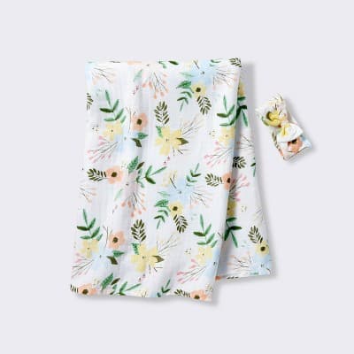 Hospital Muslin Swaddle and Headwrap Gift Set - 2ct - Floral - Cloud Island™: Cotton Fabric, 47" x 47" Size
