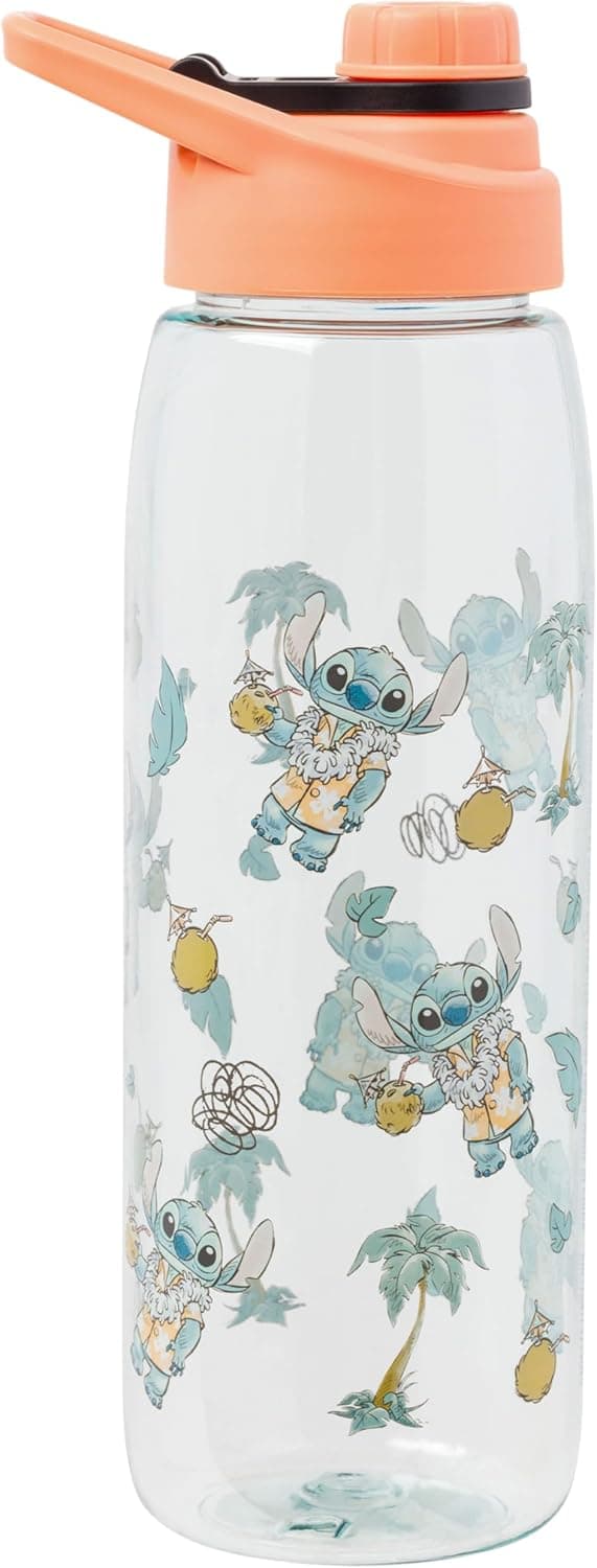 Silver Buffalo Disney Lilo and Stitch Featuring Stitch in Hawaiian Shirt, Lei, and Coconut Drink and Tropical Vibes Pattern Water Bottle with Screw-On Lid, 28 Ounces