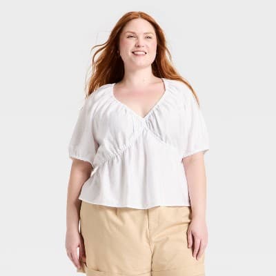Women's Short Sleeve Slub Crepe Top - A New Day™ White 1X