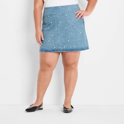 Women's Denim Studded Mini A-Line Skirt - Future Collective Blue Denim 26