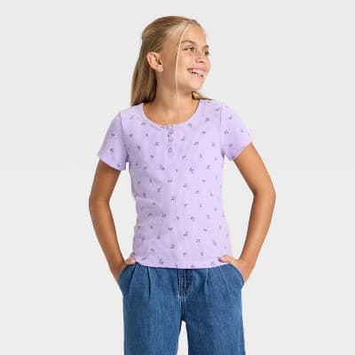 Girls' Short Sleeve Waffle Knit Henley T-Shirt - Cat & Jack™ Light Purple L
