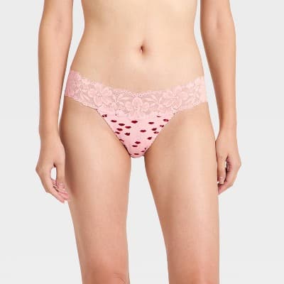 Women's Cotton Thong Underwear with Lace - Auden™ Light Pink Lip Print XL