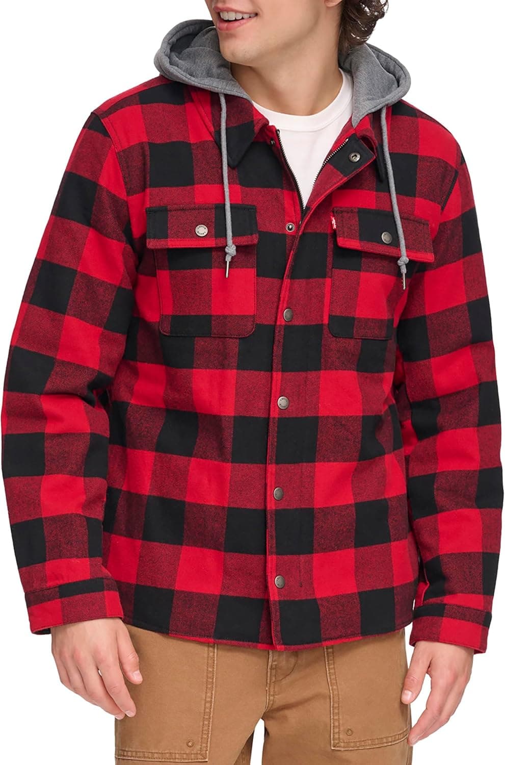Levi's Men's Plaid Sherpa Lined Hooded Shirt Jacket (Regular & Big & Tall Sizes), Red Buffalo Check, 2X Tall