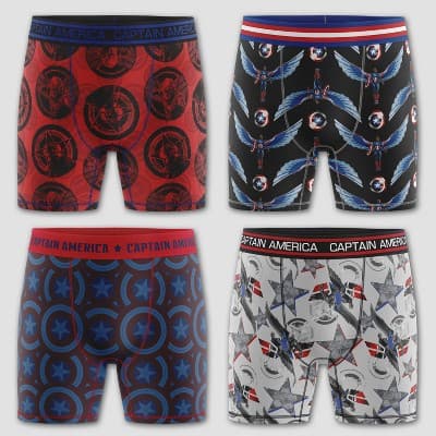 Boys' Captain America 4pk Athletic Boxer Briefs - 10: Polyester Spandex Knit, Full Waistband Elastic