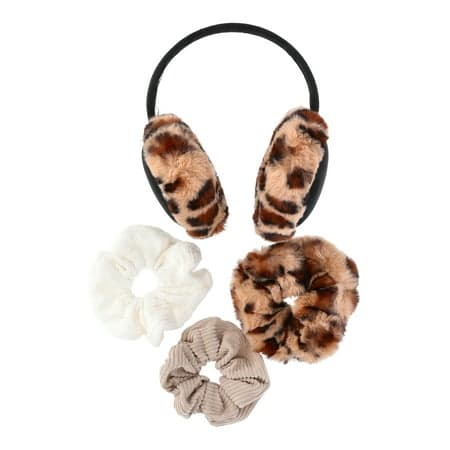 Madden NYC Women's Faux Suede Ear Muffs and Hair Scrunchy Set, 4-Piece, Leopard