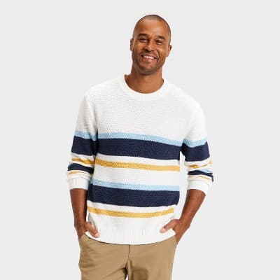 Men's Textured Crewneck Sweater - Goodfellow & Co™ Cream/Navy/Gold Striped XL