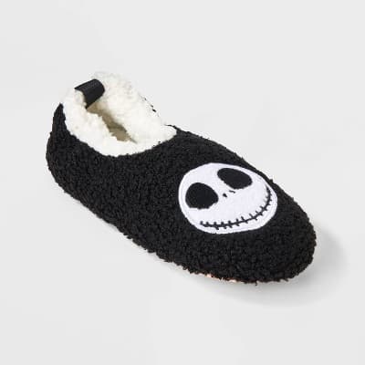 Women's Embroidered Plush Nightmare Before Christmas Slipper Socks with Faux Suede Soles & Grippers - Black S/M