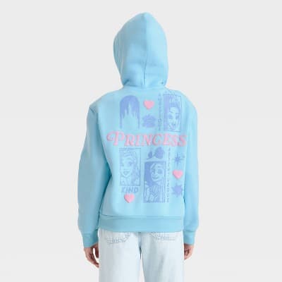 Girls' Disney Princess Belle Tiana Rapunzel Front and Back Graphic Hoodie Pullover Sweatshirt - Blue XL