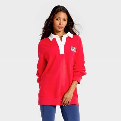Women's Americana French Terry Polo Sweatshirt - JoyLab™ Red L
