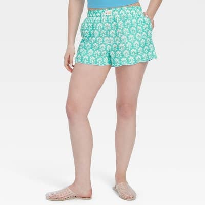 Women's Stamped Floral Poplin Boxer Shorts Teal - Roller Rabbit x Target S