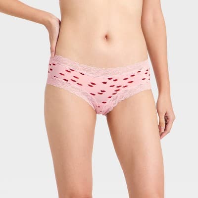 Women's Cotton Blend Hipster Underwear with Lace - Auden™ Pink Lip Print XL