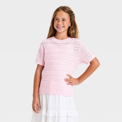 Girls' Short Sleeve Openwork Pullover Sweater - Cat & Jack™ Light Pink S