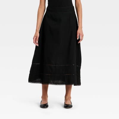 Women's Cutwork Midi Full Skirt - Universal Thread™ Black 0