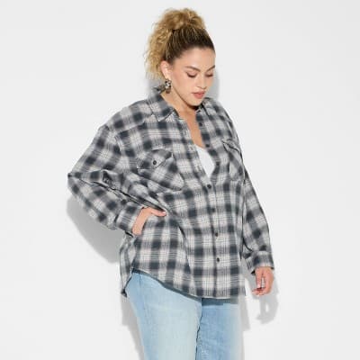 Women's Oversized Long Sleeve Collared Flannel Shirt - Wild Fable™ Black Plaid XXL