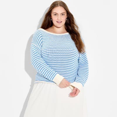 Women's Off the Shoulder Sweater - Wild Fable™ Blue Striped 2X