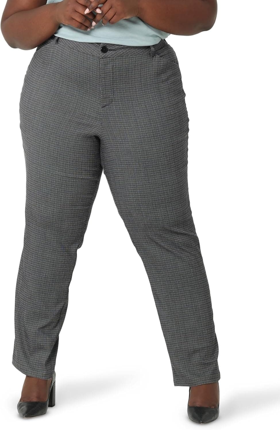 Lee Women's Plus Size Wrinkle Free Relaxed Fit Straight Leg Pant, Black/White Rockhill Plaid, 26 Plus Long