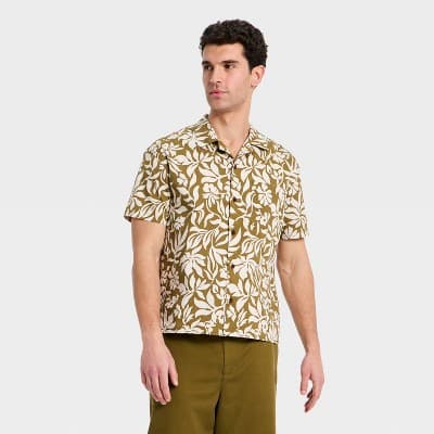 Houston White Adult Casual Fit Short Sleeve Collared Button-Down Shirt - Olive Green L