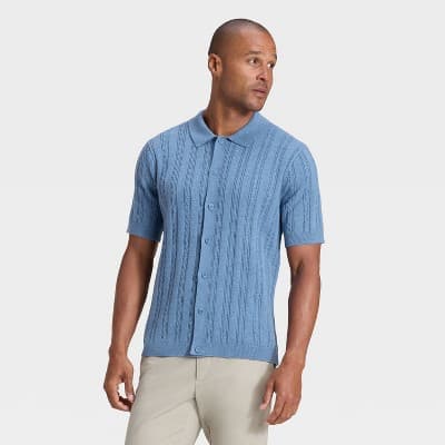 Men's Short Sleeve Cable Full Button Sweater - Goodfellow & Co™ Blue XL