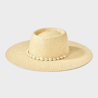 Straw Wide Brim Boater Hat with Shell Detail - Universal Thread™ Natural