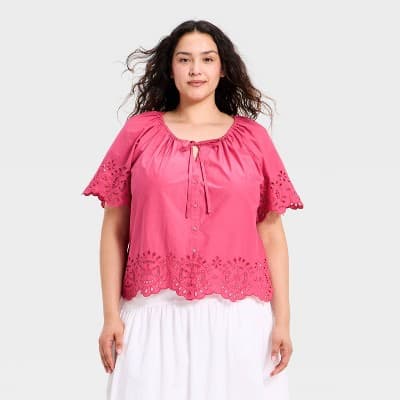 Women's Short Sleeve V-Neck Button-Front Eyelet Blouse - A New Day™ Pink XXL