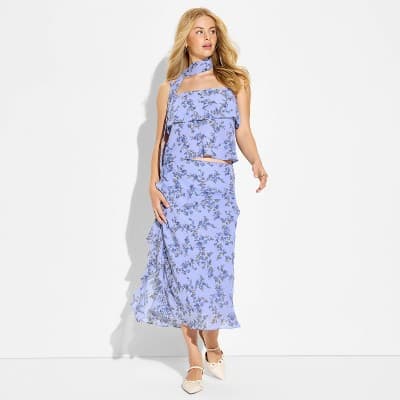 Women's Chiffon Ruffle Below Knee Midi Skirt - Wild Fable™ Light Blue Floral XXS