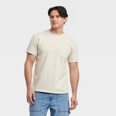 Men's Vintage Short Sleeve Pocket T-Shirt - Goodfellow & Co™ Light Beige L: Heavyweight Cotton, Crew Neck, Jersey Fabric