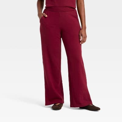 Women's Mid-Rise Wide Leg French Terry Pants - A New Day™ Red XS