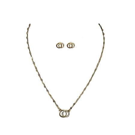 Time and Tru Interlocking Circles with Stones Earrings and Necklace 2 Piece Set Gold Plated for Female Adults and Teens