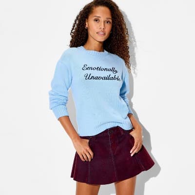 Women's "Emotionally Unavailable" Crewneck Pullover Sweater - Wild Fable™ Blue Quote XXS