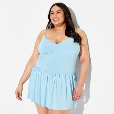 Women's Dropped Waist Lace Trim Romper - Wild Fable™ Light Blue 1X