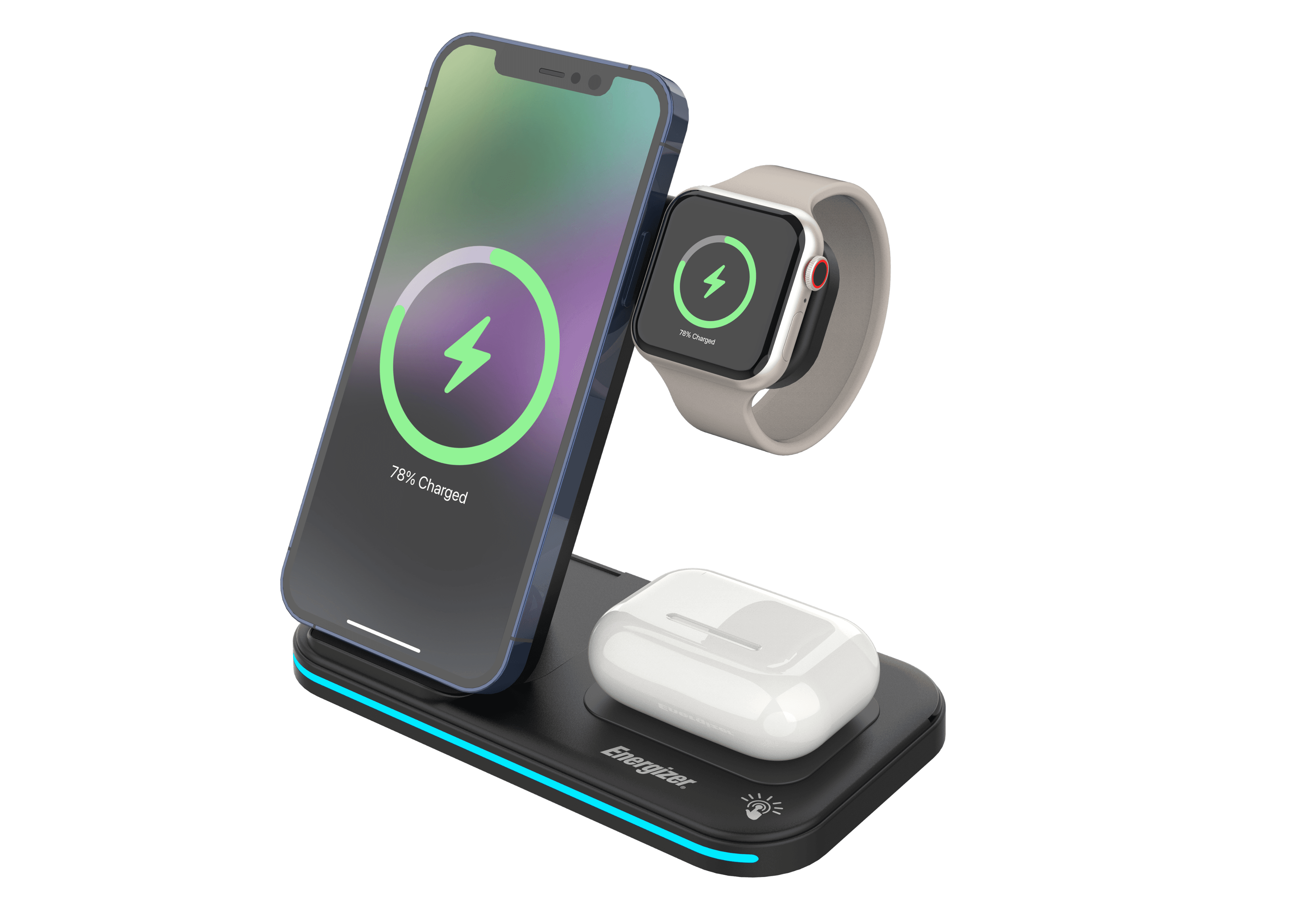 Energizer - 3-in-1 15W Foldable Qi Certified Wireless Fast 15W Charger, Charging Station/Stand for iPhone + AirPods + Apple Watch - Black
