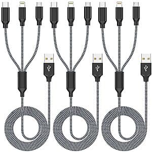 Versatile 3-in-1 Charging Cable for USB-C, Micro USB, and Lightning