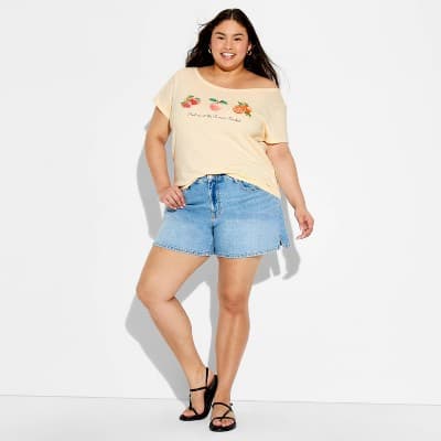 Women's Fruit Off The Shoulder Short Sleeve Graphic T-Shirt - Lemon Yellow 1X
