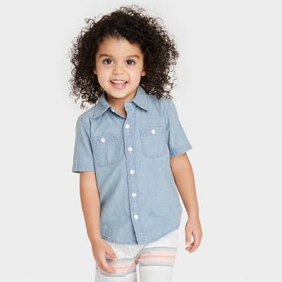 OshKosh B'gosh Toddler Boys' Short Sleeve Woven Chambray Shirt - Light Blue Denim 12M: Button Down