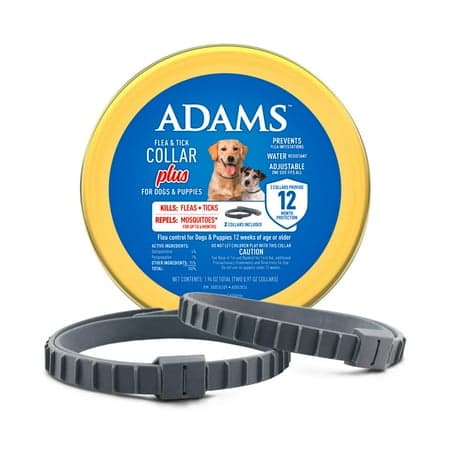 ADAMS Flea & Tick Collar Plus for Dogs & Puppies, 2 Pack, 12 Month Protection, Adjustable One Size, Kills Fleas, Ticks & Repels Mosquitoes, Excluding California