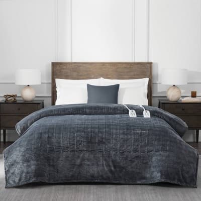 Brookstone Full/Queen Heated Micro Herringbone Blanket Gray