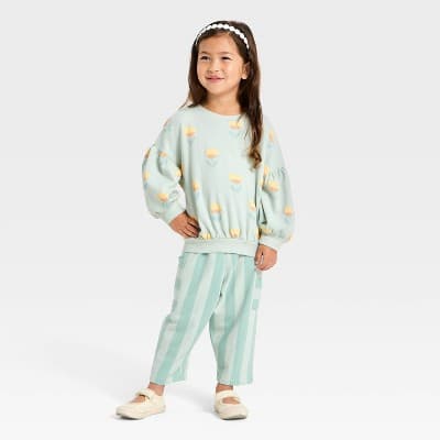 Toddler Girls' Flower Pullover Sweater and Pull-On Pants Set - Cat & Jack™ Mint Green 2T