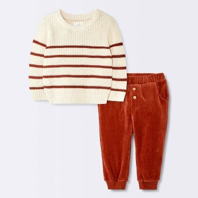 Baby Boys' 2pc Christmas Holiday Striped Sweater and Knit Corduroy Pants Set - Cloud Island™ Cream 24M
