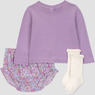Carter's Just One You® Baby Girls' 3pc Floral Sweater with Bloomer and Socks Set - Purple 3M