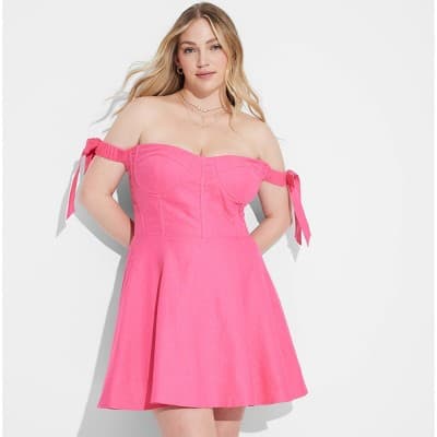 Women's Mini Off the Shoulder with Bow Graphic Skater Dress - Fuchsia 2X