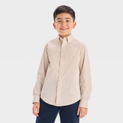 Boys' Long Sleeve Button-Down Dress Shirt - Cat & Jack™ Beige M
