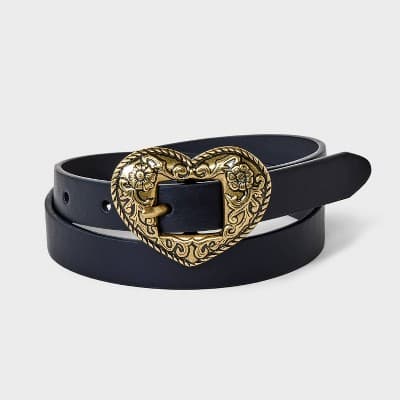 Girls' Western Heart Buckle Belt - art class™ Black/Gold S: Adjustable Strap, Skinny Style
